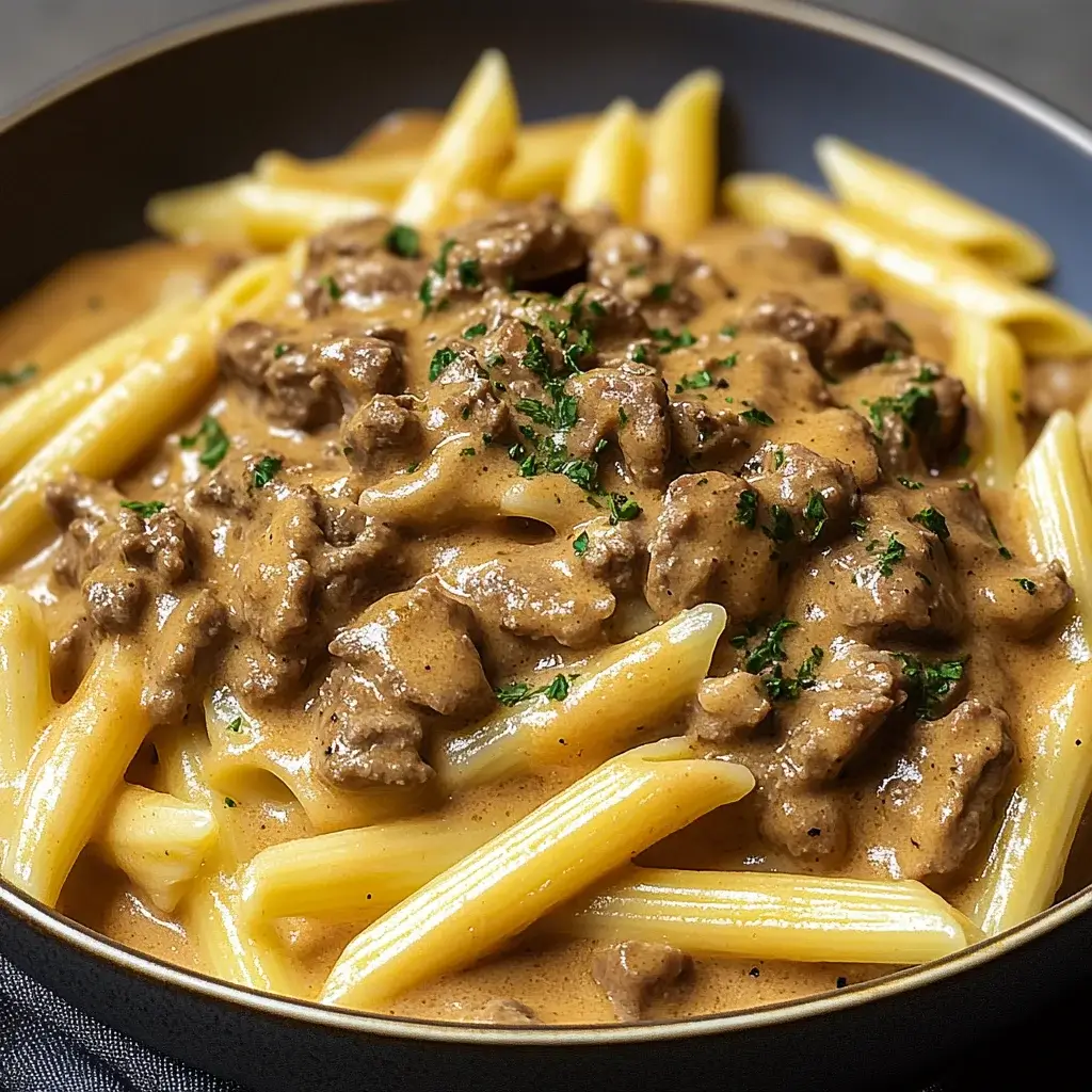 Cremiger Rindfleisch Stroganoff mit Penne für Genießer!