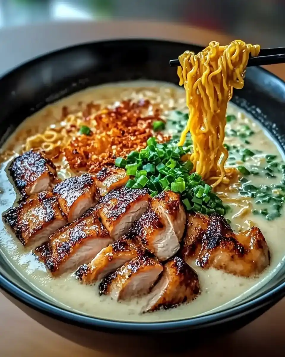 Feurige Hähnchen-Ramen mit cremiger Knoblauchsauce genießen!