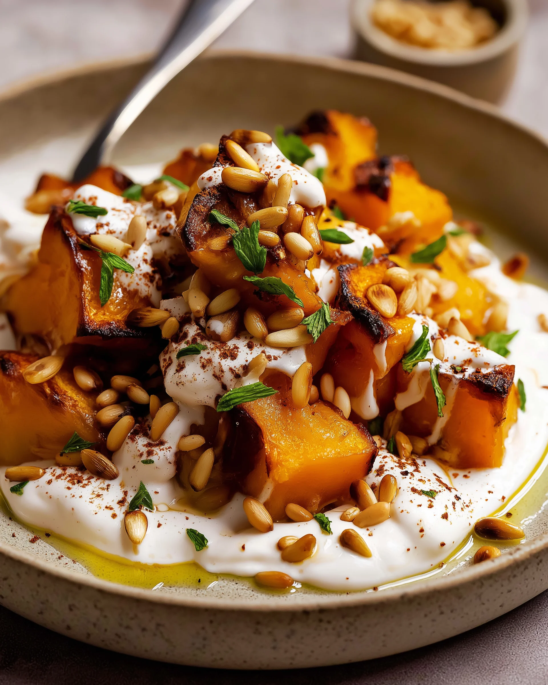 Gerösteter Kürbis mit Joghurtsoße und Pinienkernen: Ein köstliches Rezept!