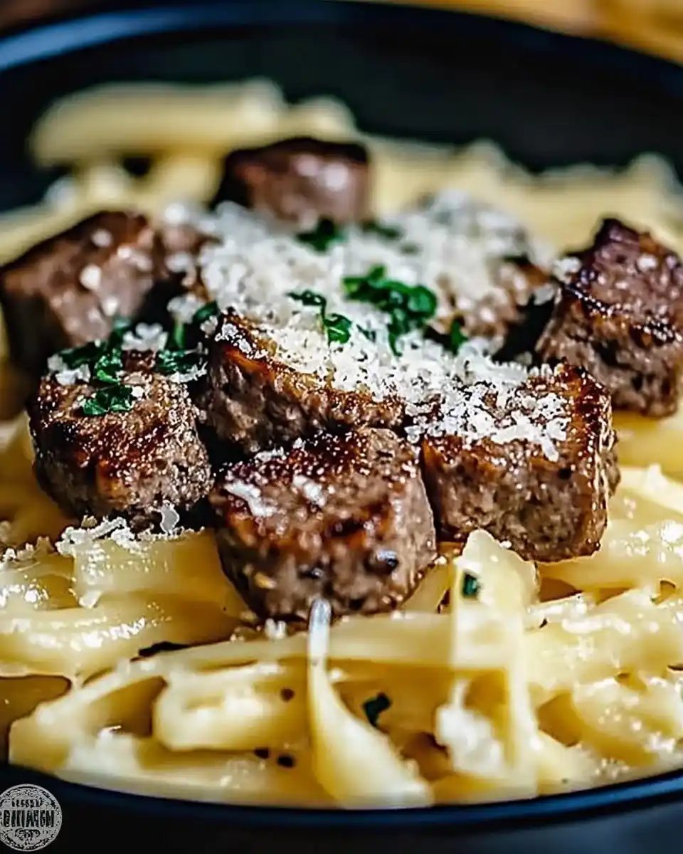 Knoblauch-Butter-Rinderbissen mit cremiger Parmesan-Pasta genießen!