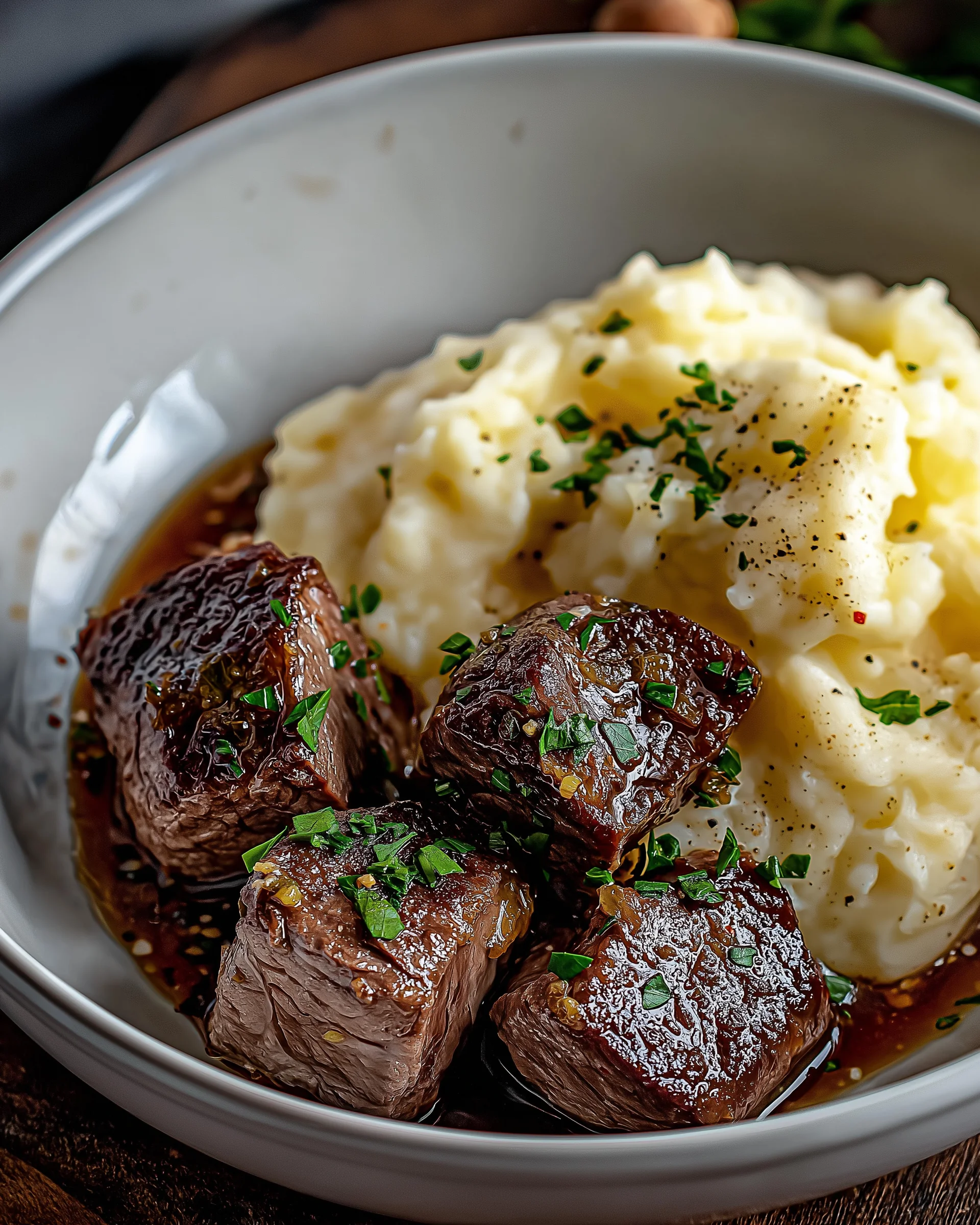 Knoblauch-Parmesan-Rinderbissen mit Kartoffelpüree: Einfach köstlich!
