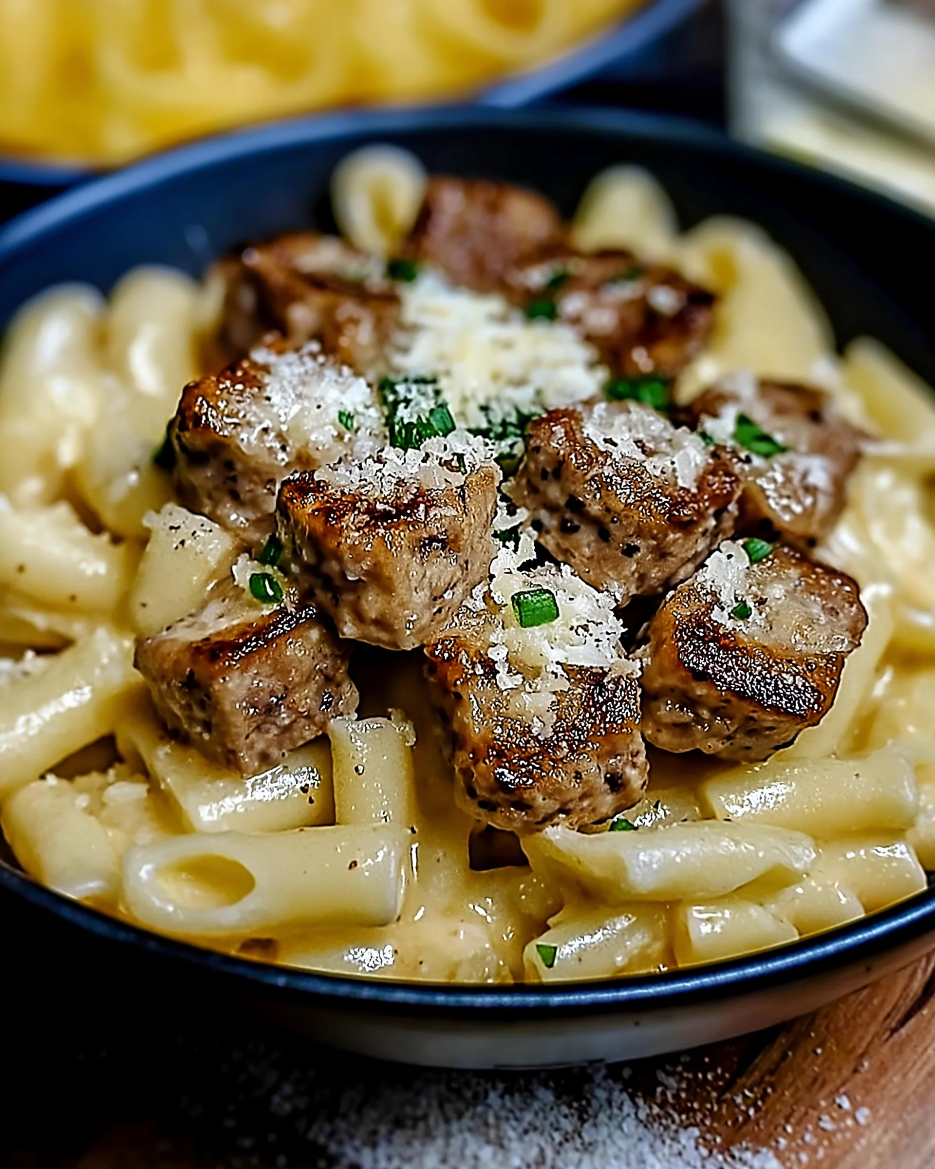 Knoblauch-Butter-Rinderbissen mit cremiger Parmesan-Pasta genießen!