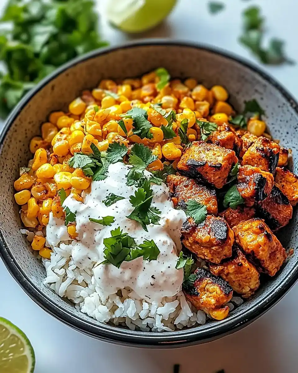 Mexikanische Street-Corn-Hühnchen-Reis-Bowl einfach zubereiten!