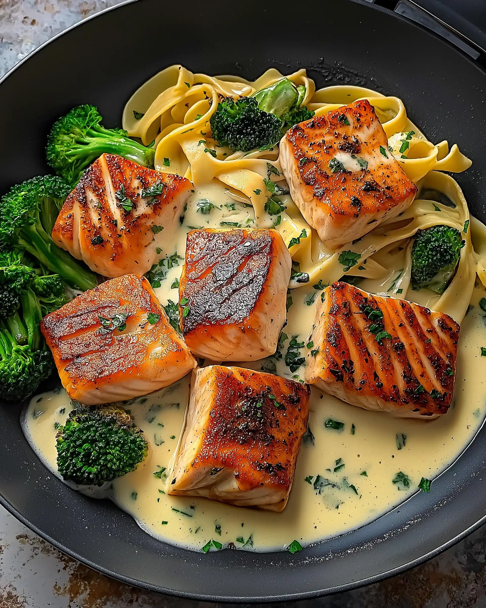 Schwarzer Lachs mit Brokkoli und Alfredo-Sauce einfach genießen!