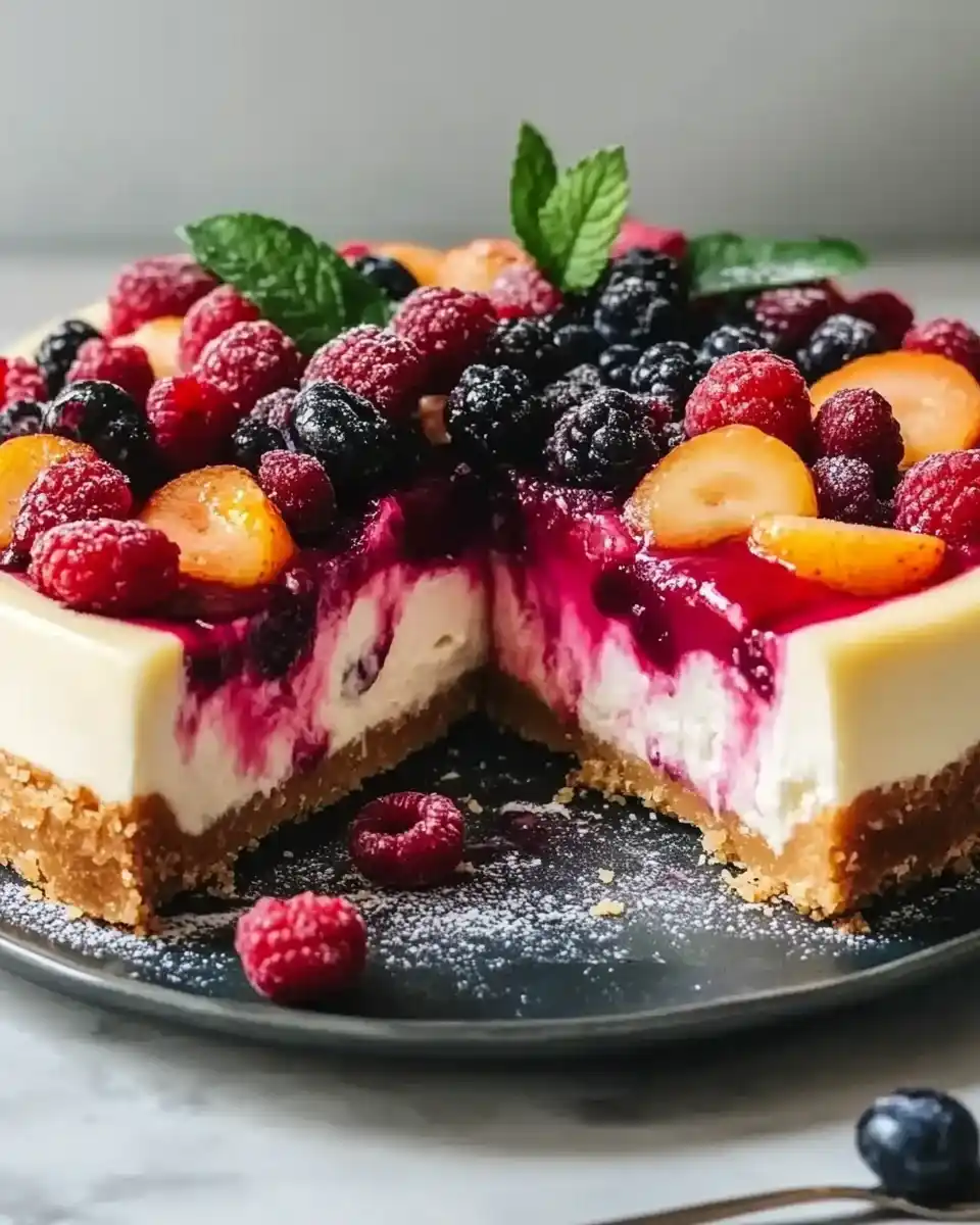 Sommerlicher Beeren-Pfirsich-Cheesecake ohne Backen genießen!