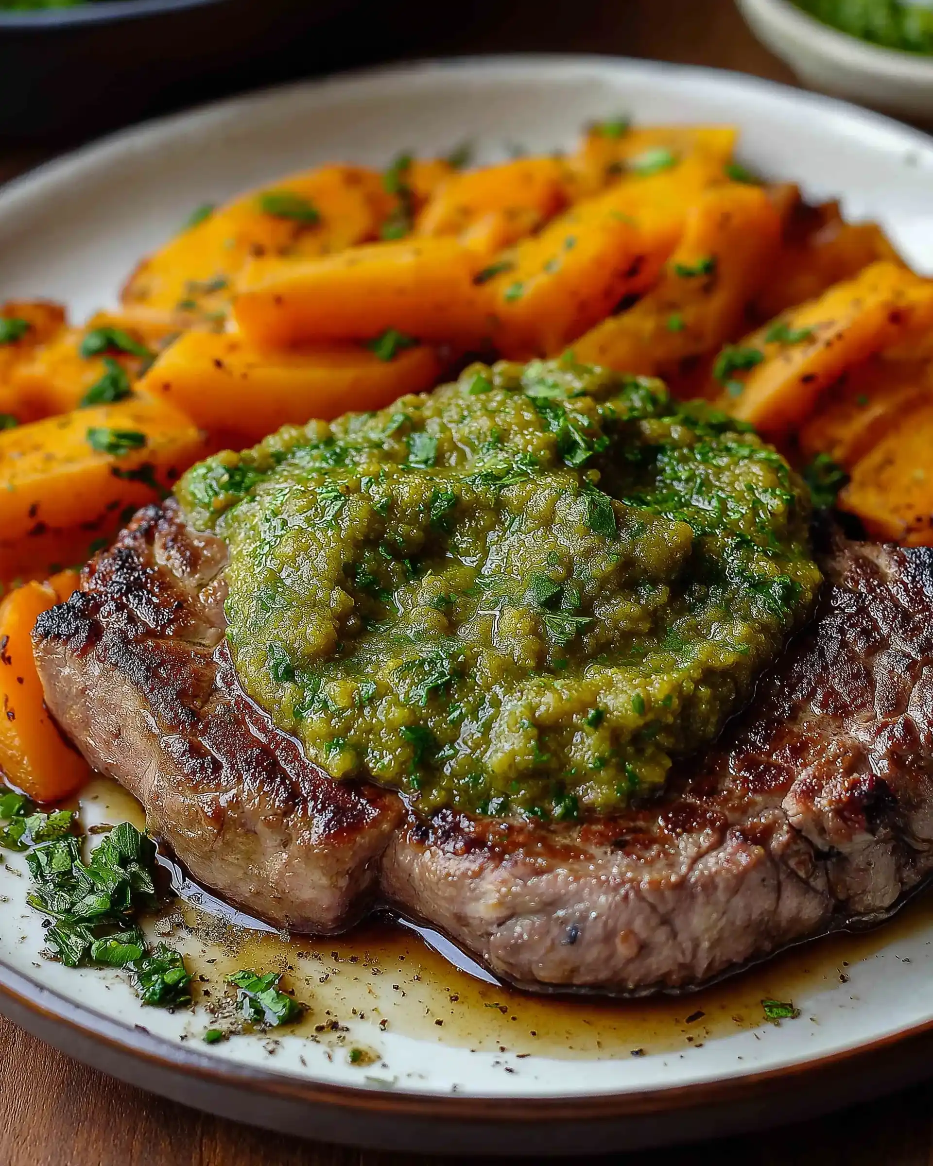 Steak mit Grüner Sauce und Süßkartoffelpüree: Ein Genuss!