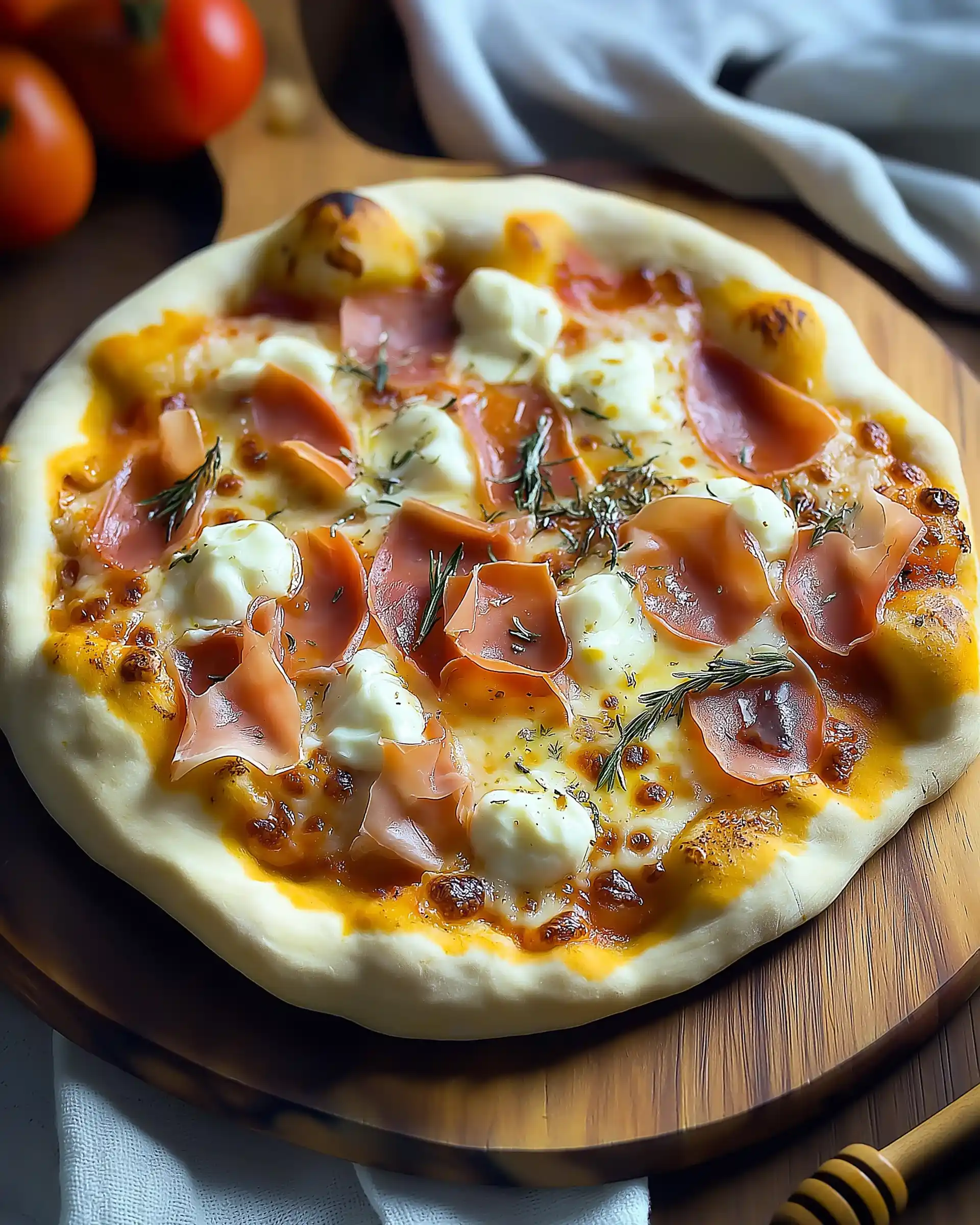 Weißes Pizza-Genuss mit Prosciutto und scharfen Honig – Ein Geschmackserlebnis!