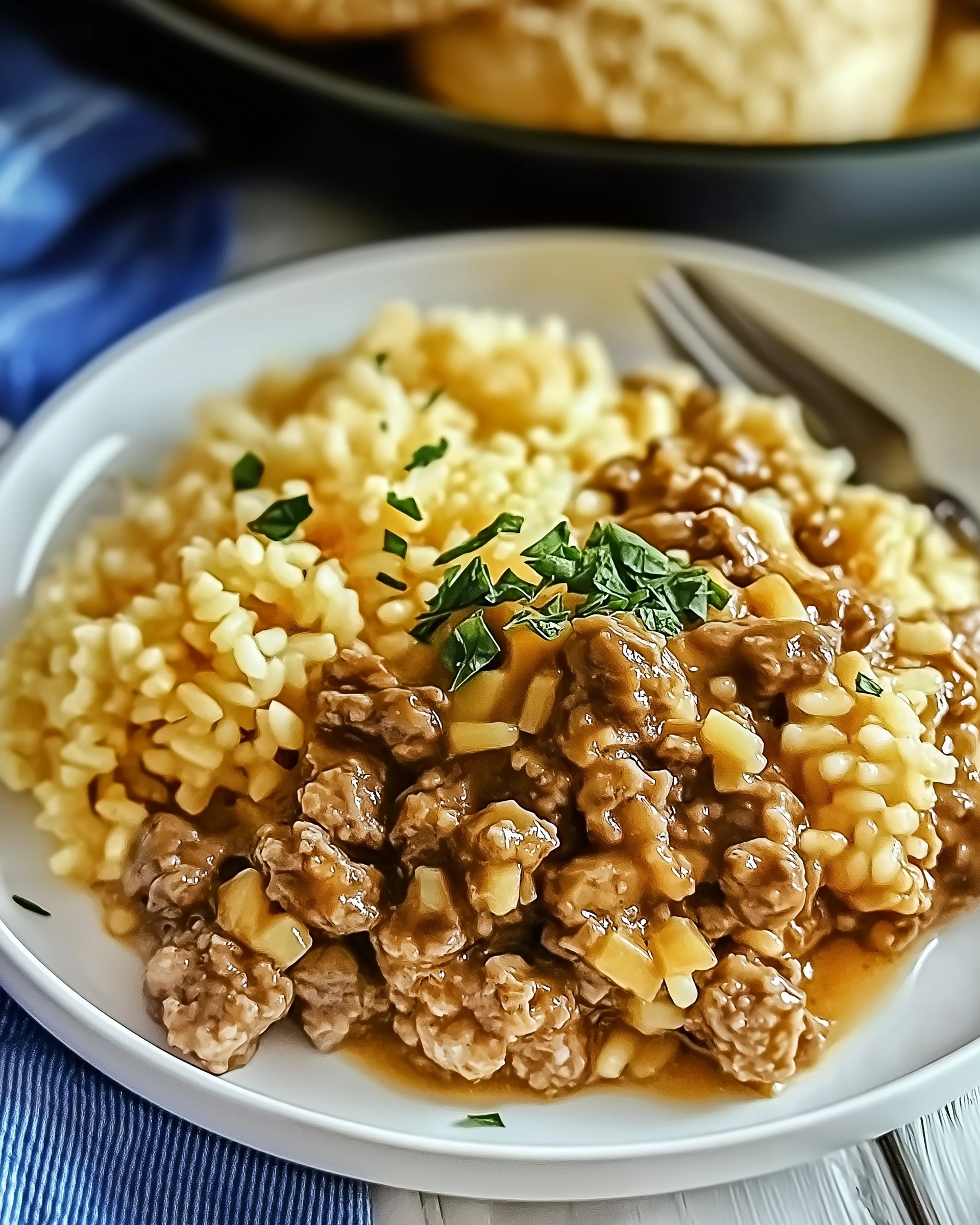 Herzhafter Zwiebel-Rinderhack-Reisauflauf für alle!