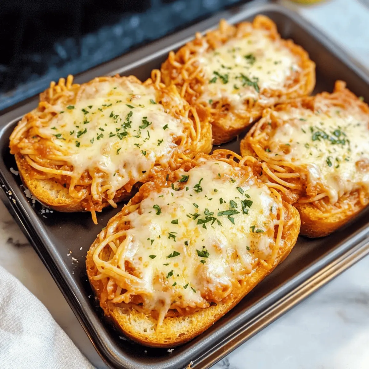 Spaghetti-Boote auf knusprigem Knoblauchbrot