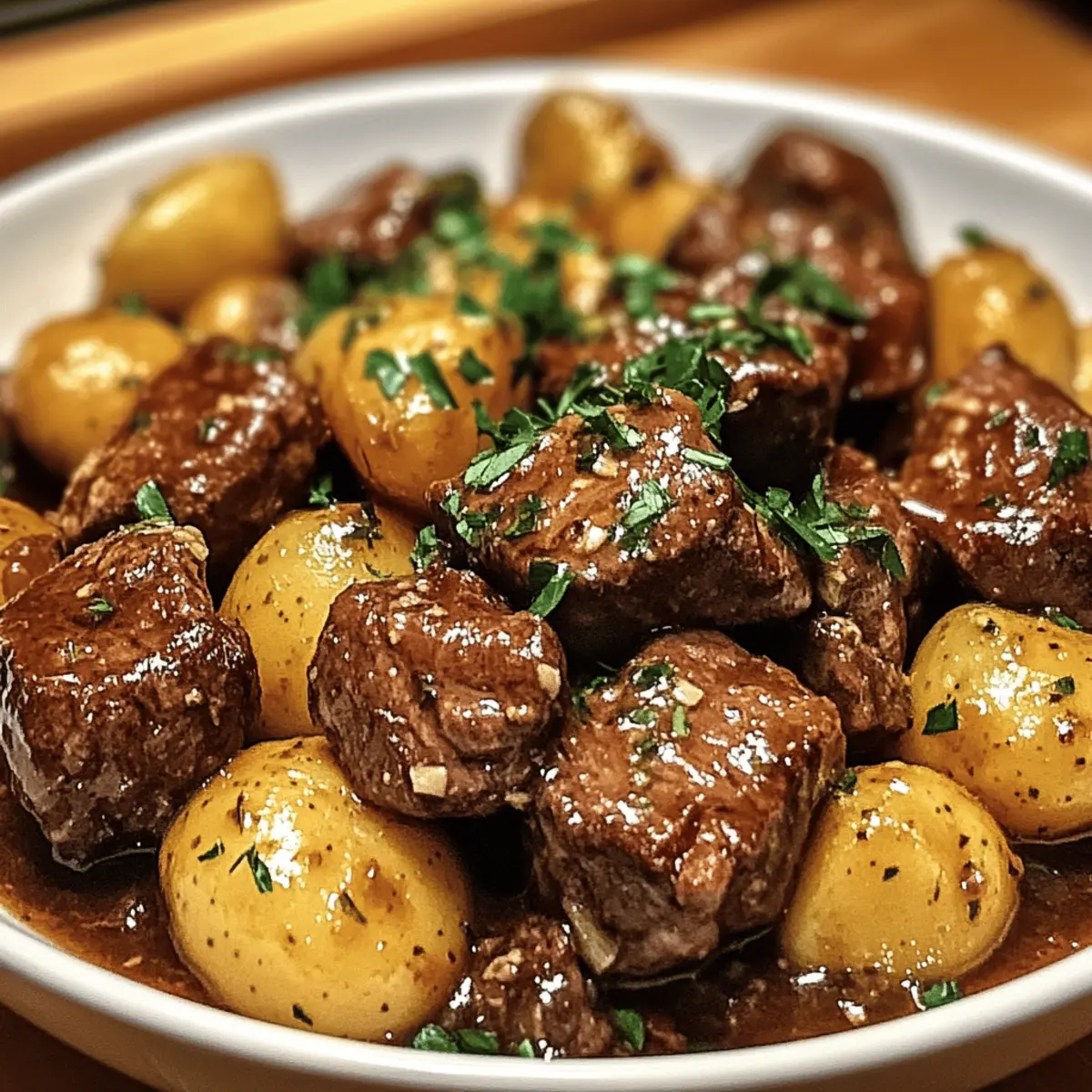 Knoblauchbutter-Rindfleischbissen und Kartoffeln leicht gemacht