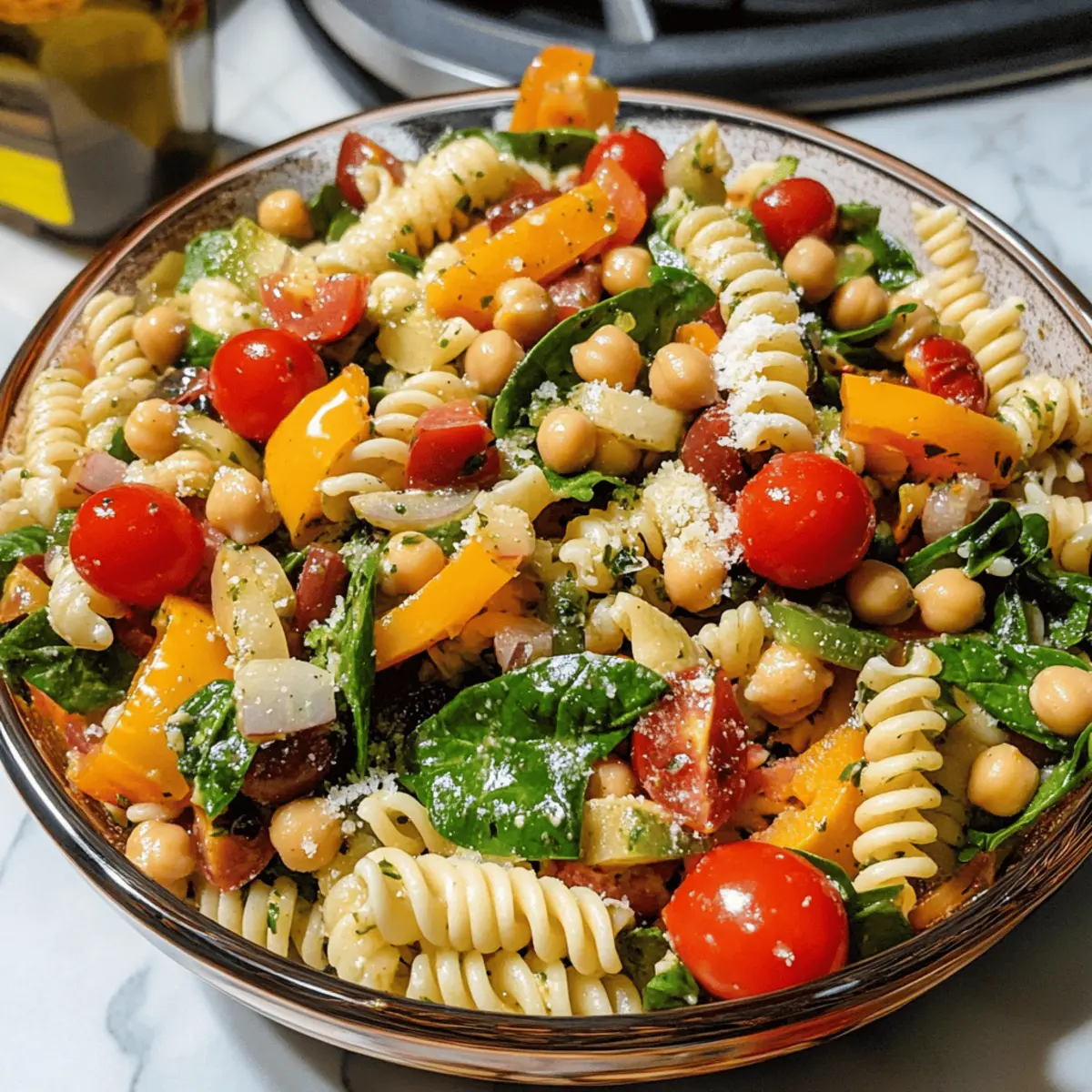 Italienischer Nudelsalat mit Kichererbsen und frischem Gemüse