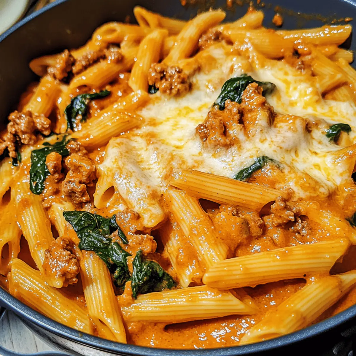 Eintopf cremige Tomatenpasta mit Rindfleisch und Spinat