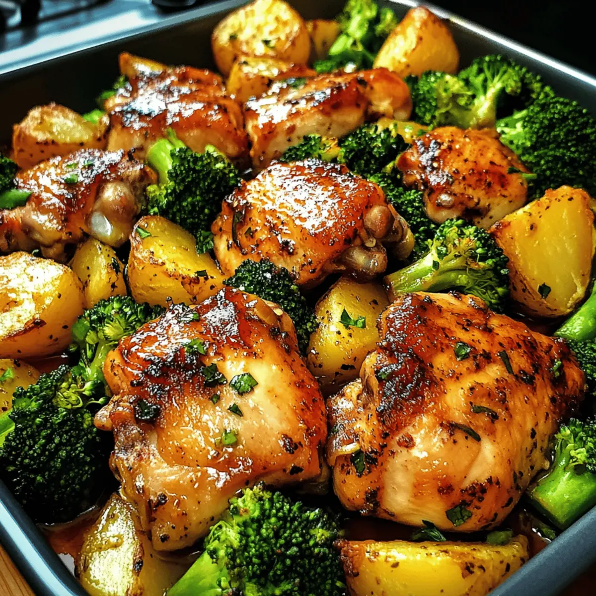 Honig-Knoblauch-Hühnchen mit Brokkoli und Kartoffeln aus dem Ofen