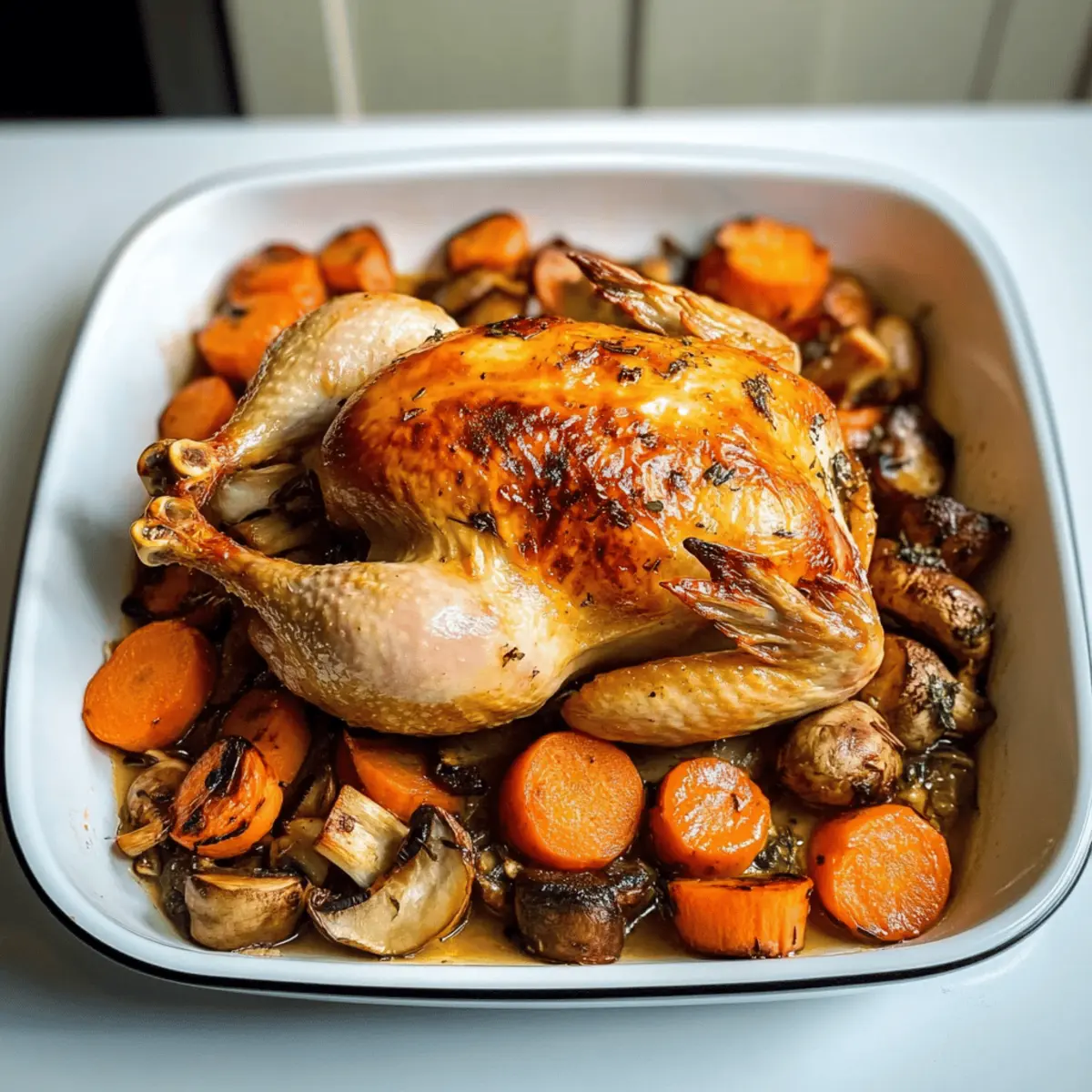 Ganz gebratener Hähnchen mit Champignons und Karotten