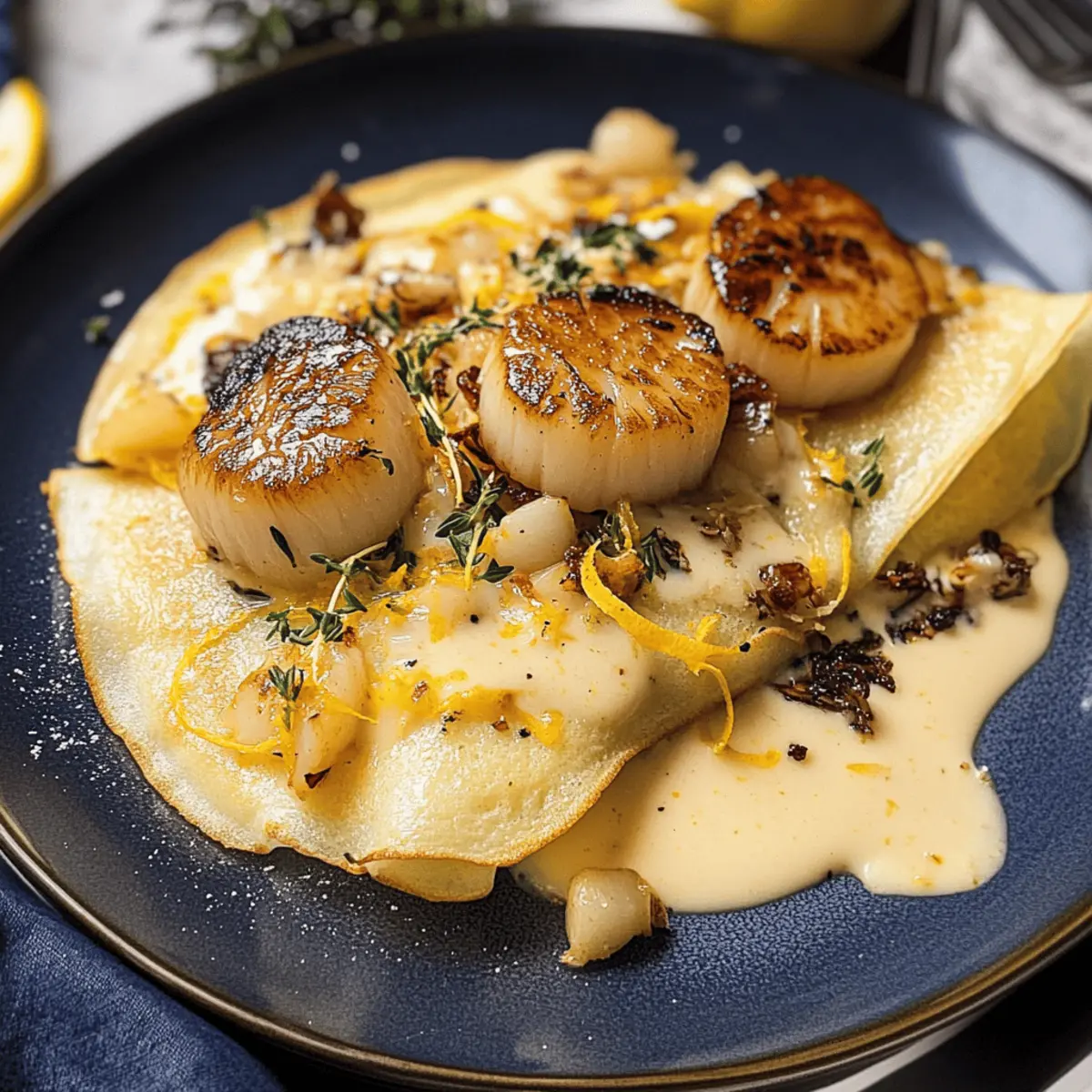 Jakobsmuschel-Crêpes mit Knoblauchchips und Zitrone