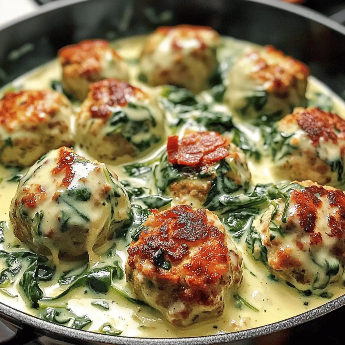 Hühnchen-Ricotta-Fleischbällchen in Spinat-Alfredo-Sauce