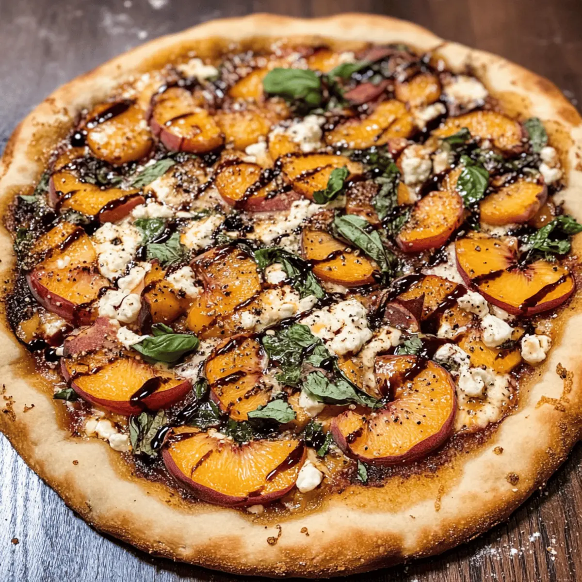 Pfirsichpizza mit Ziegenkäse und Balsamico-Drizzle