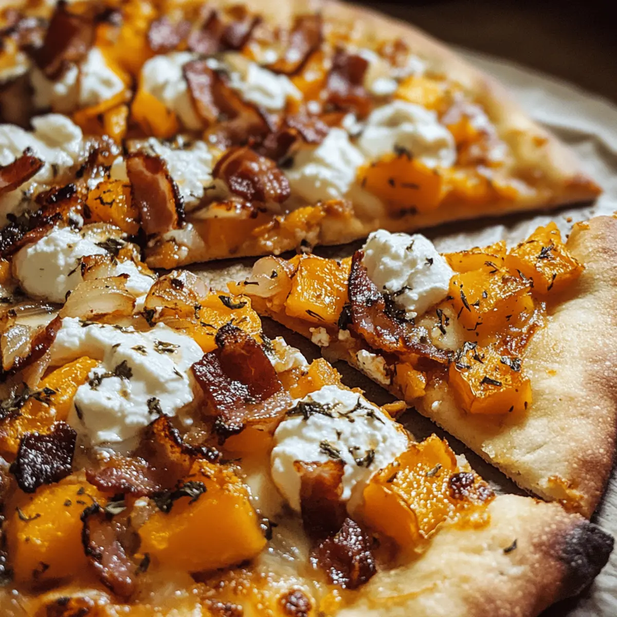 Karamellisierte Zwiebel, Speck, Ricotta und Kürbispizza genießen