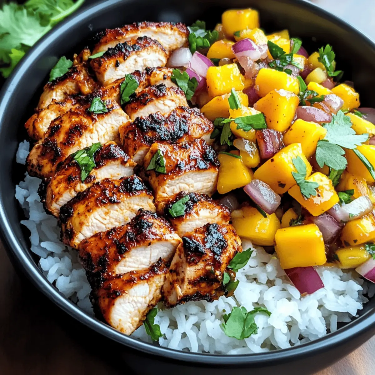 Jerk-Hähnchen-Schalen mit Mango-Salsa und Kokosreis