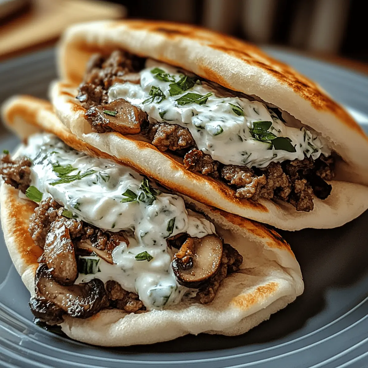 Käse-Rindfleisch und Pilz-Pita-Taschen mit Tzatziki Sauce