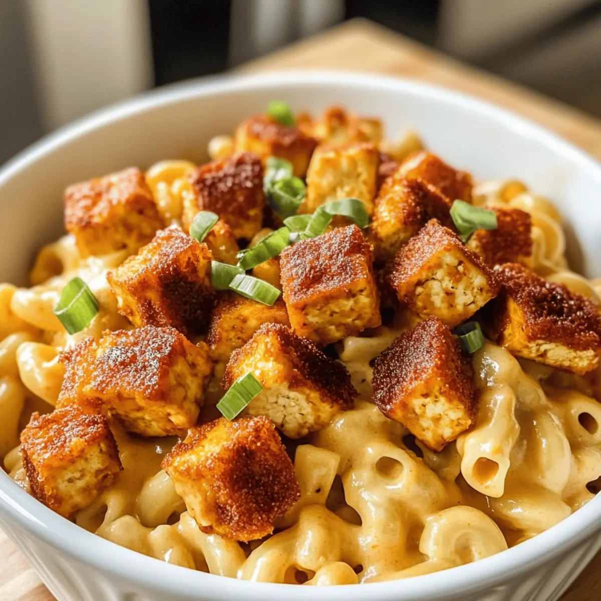 Veganer hochproteinhaltiger Buffalo-Tofu-Makkaroni