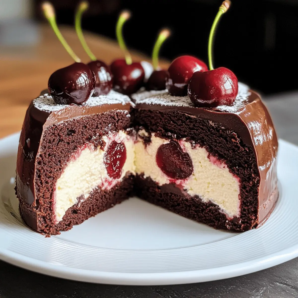 Käsekuchen-Schokoladenkuchen mit Kirschen genießen