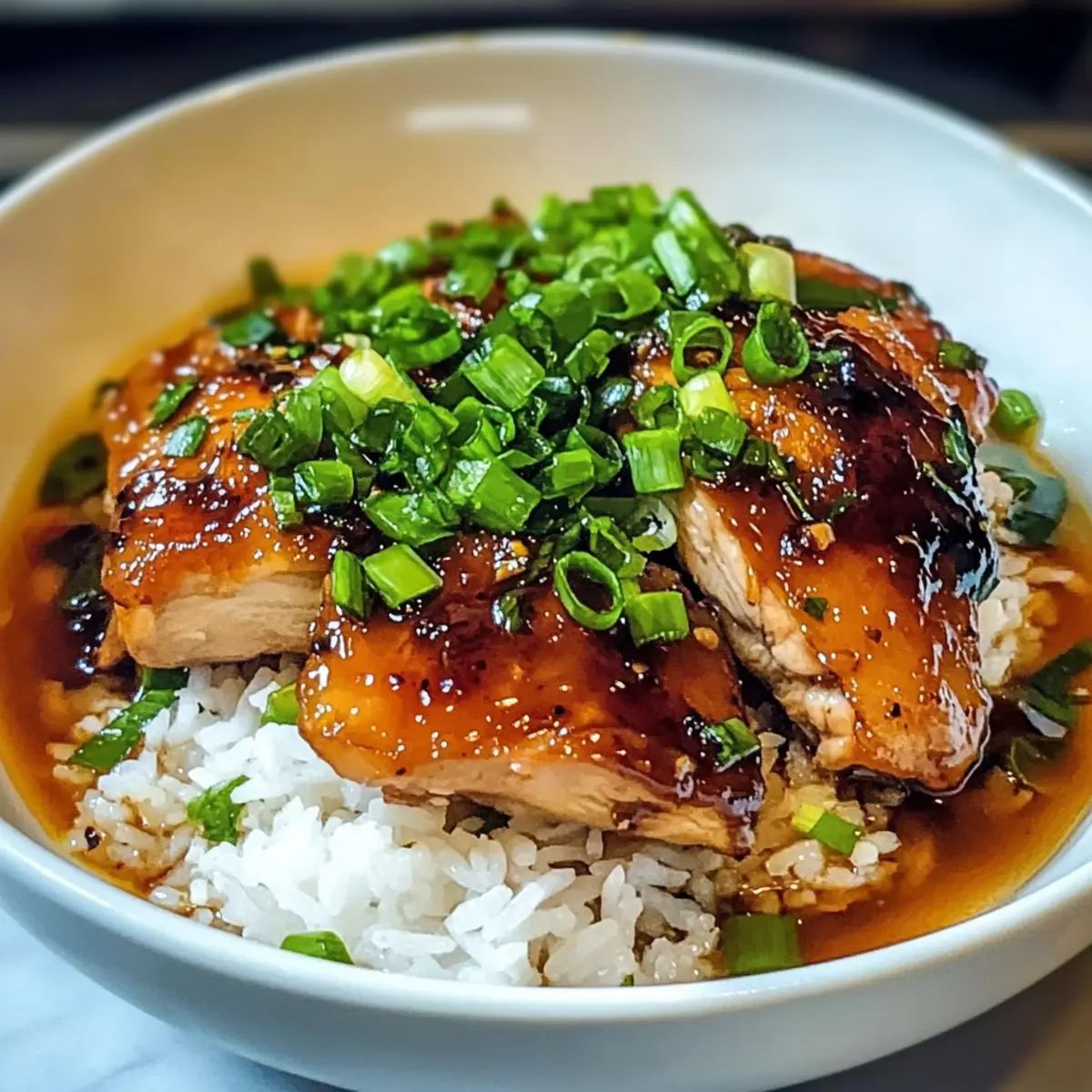 Karamellisierte Soja-Hühnchen in Brühe mit Reis