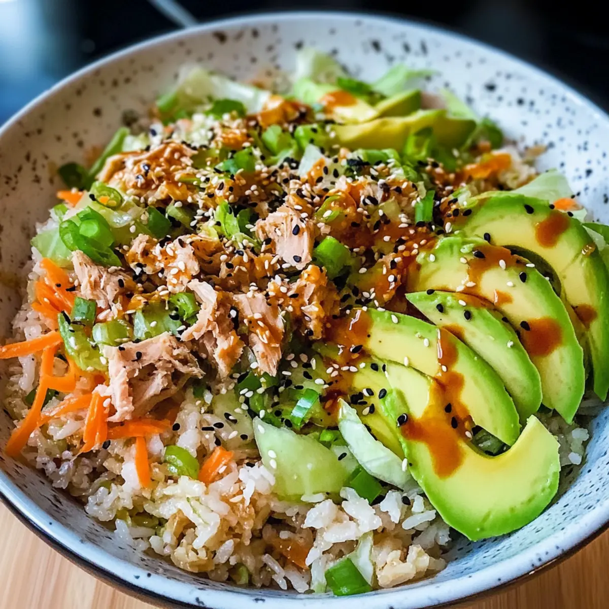 Thunfisch Avocado knuspriger Reis Salat für jeden Tag