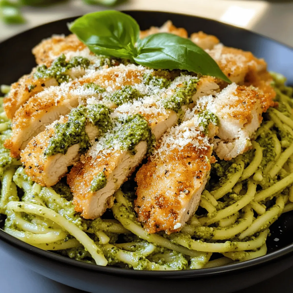 Pesto-Pasta mit knusprigem Parmesan-Hühnchen genießen