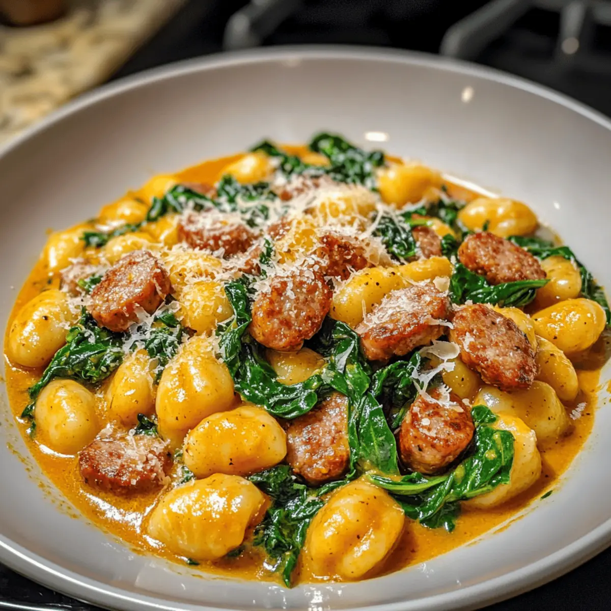 Cremige Kürbisgnocchi mit Spinat und italienischer Wurst