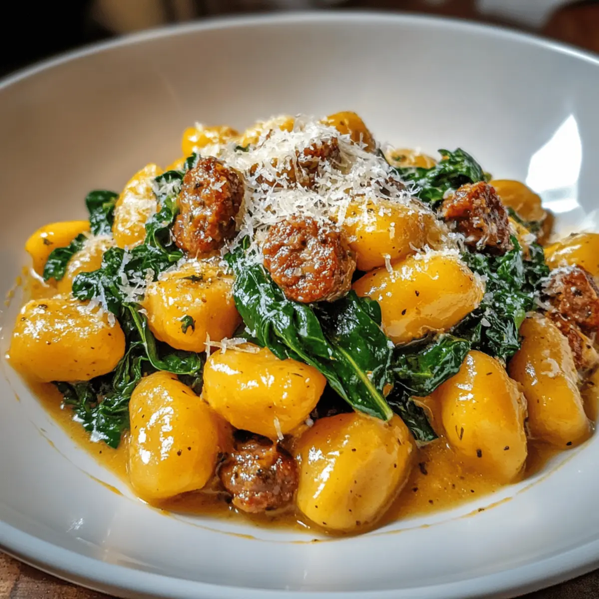 Cremige Kürbisgnocchi mit Spinat und Wurst genießen