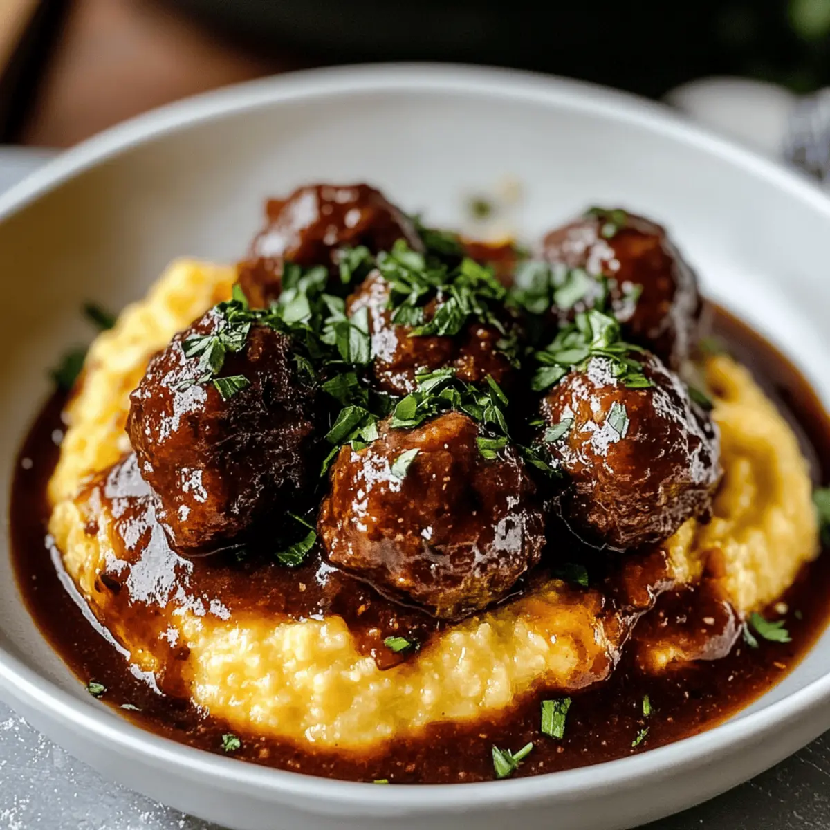 Rotwein geschmorte Fleischbällchen mit Polenta