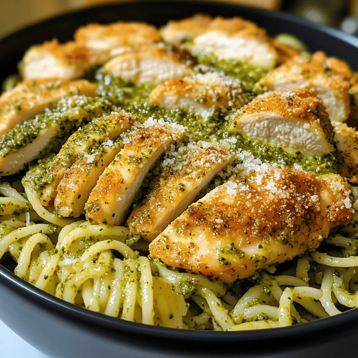 Pesto-Pasta mit knusprigem Parmesan-Hähnchen leicht gemacht