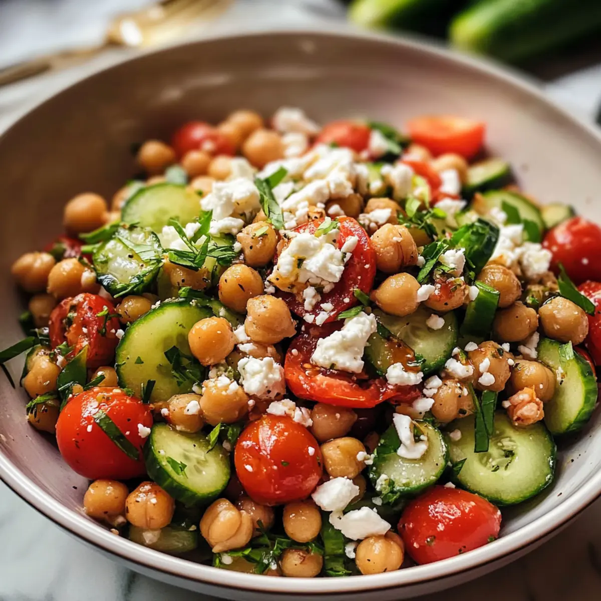 Krosse Kichererbsen Gurken Feta Salat genießen