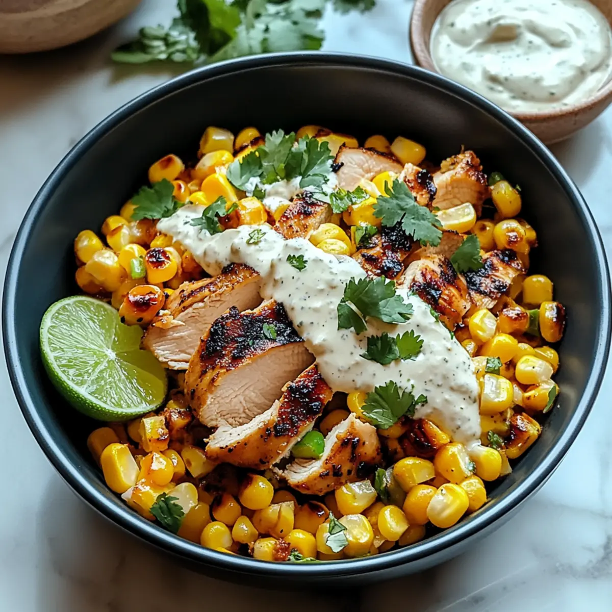 Mexikanische Straßenmais-Hühnchen-Schüssel für Genießer