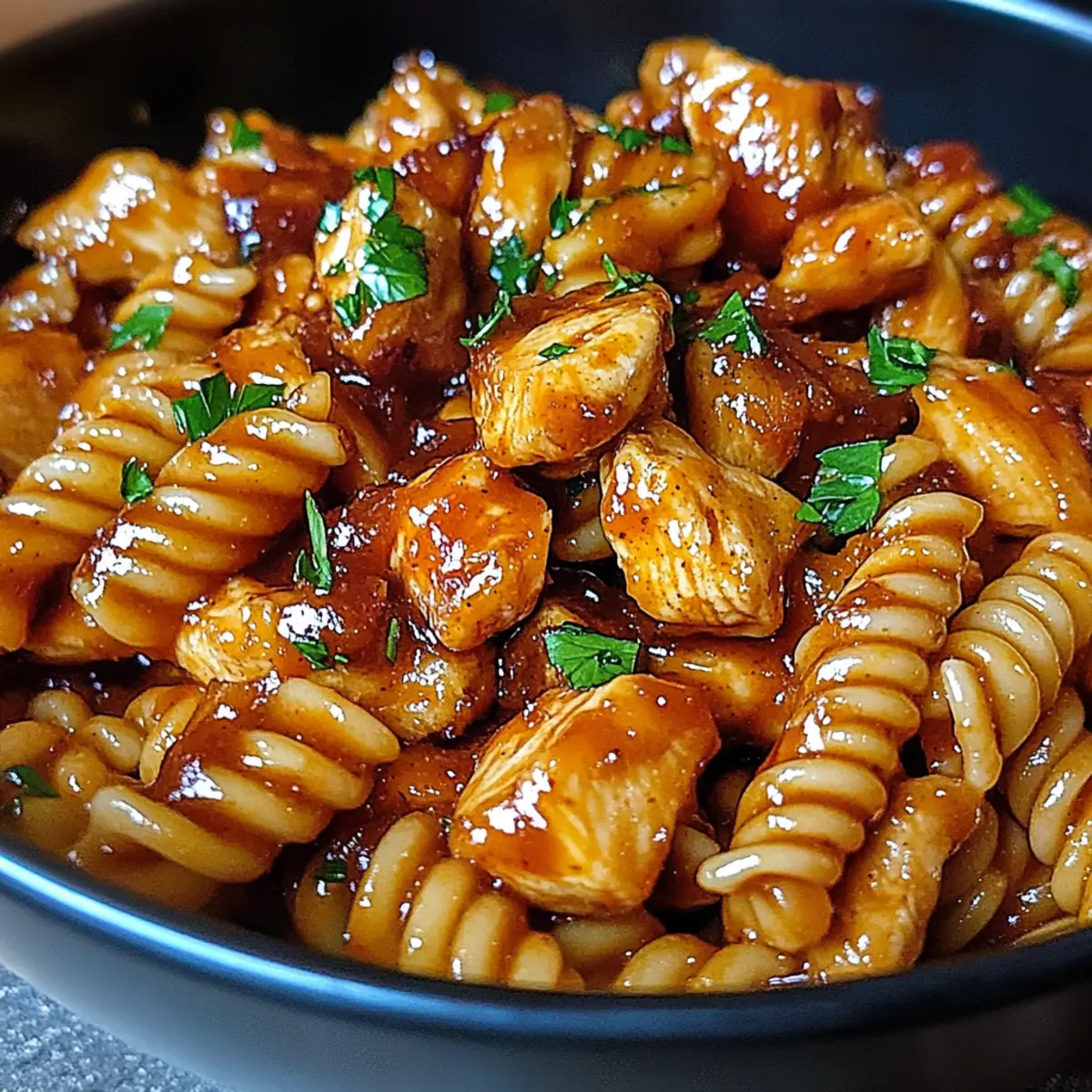 Ein-Topf Honig Knoblauch BBQ Hähnchen Pasta in 30 Minuten