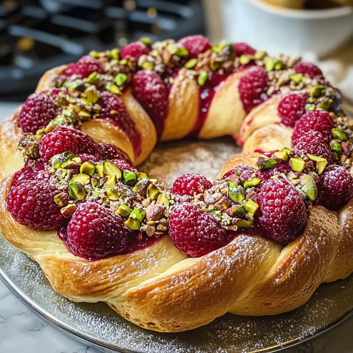 Himbeer- und Pistazienkranz für festliche Momente