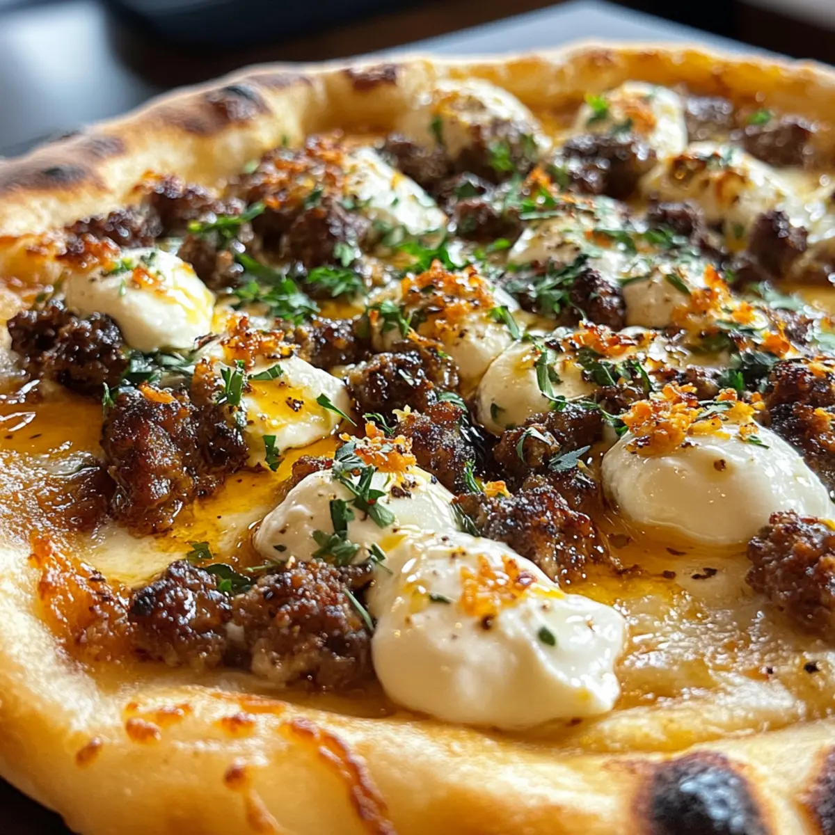 Wurst Ricotta Honig Heiße Pizza für Feinschmecker