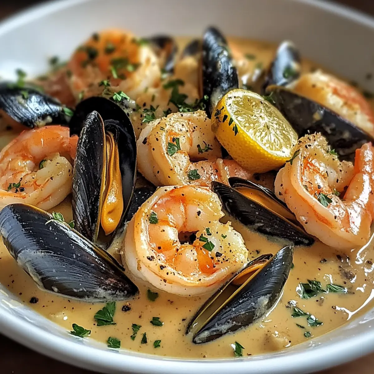 Garnelen und Muscheln in cremiger Knoblauchsoße