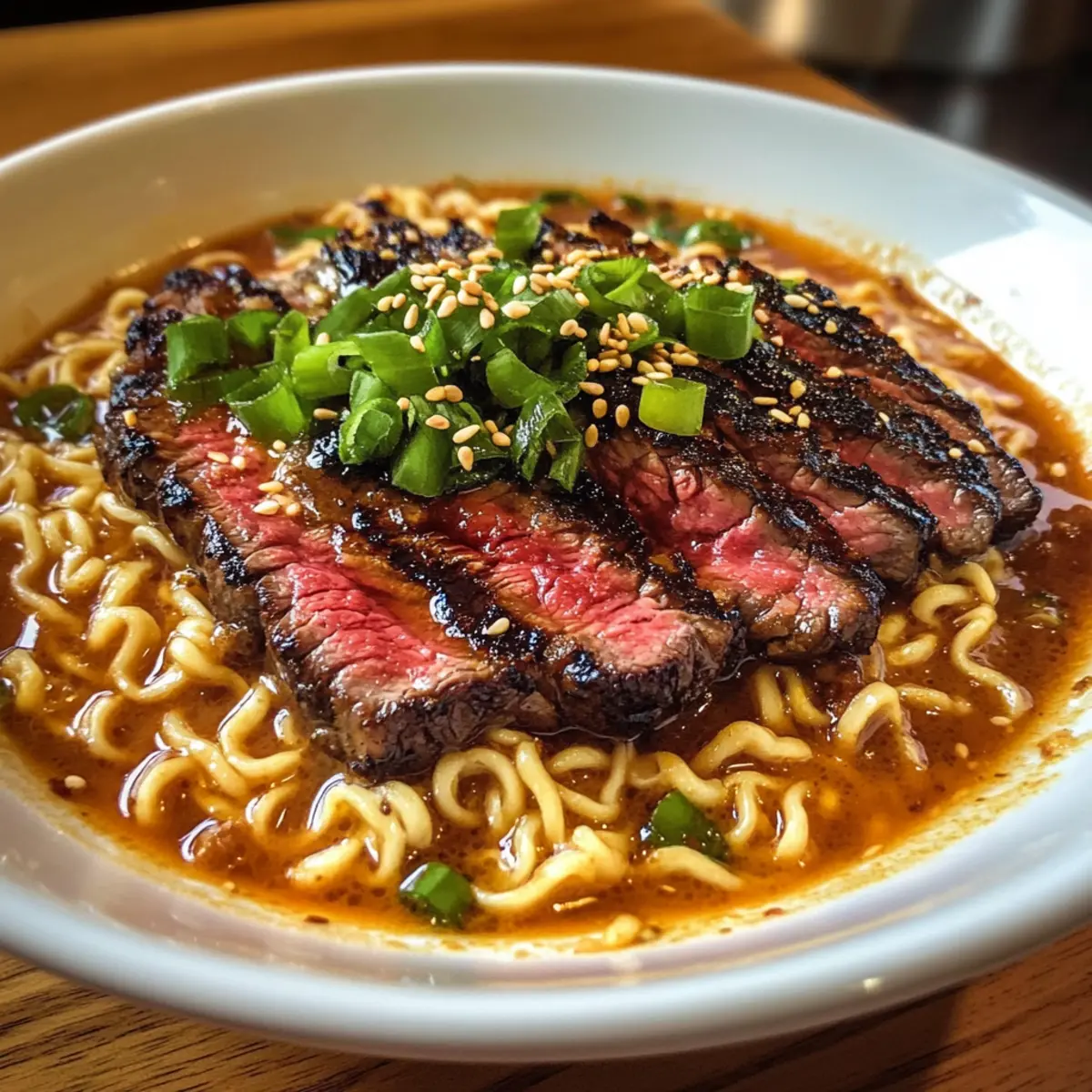 Scharfe koreanische Nudeln mit gegrilltem Rindfleisch