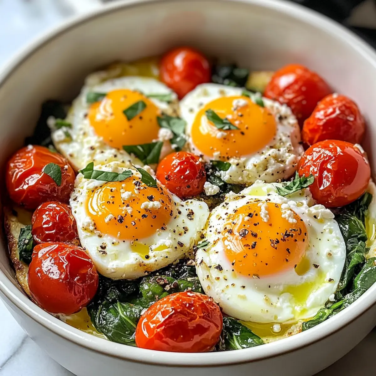 Gebratene Feta-Eier mit Spinach und Tomaten