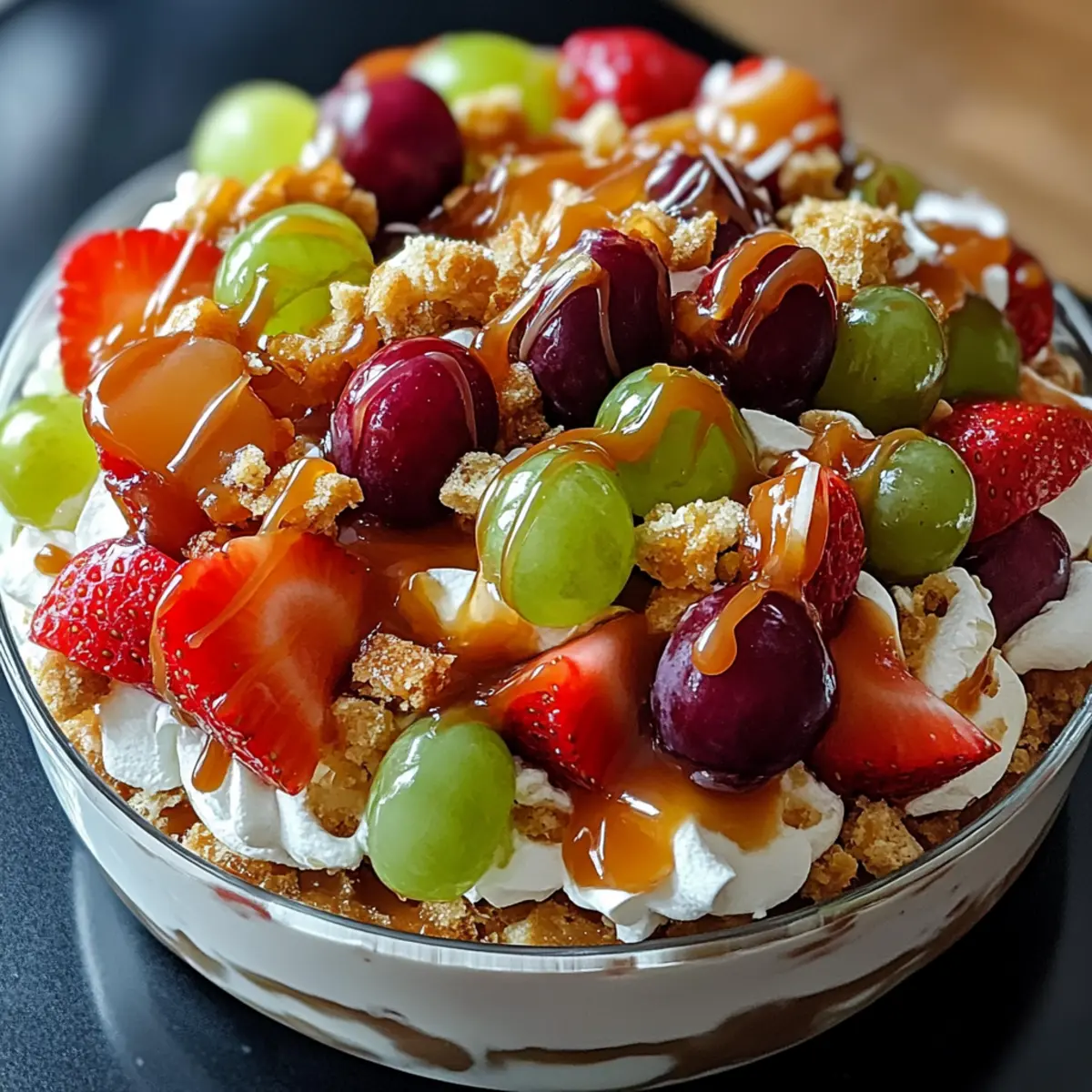 Karamell Crunch Käsekuchen Obstsalat für den Sommer