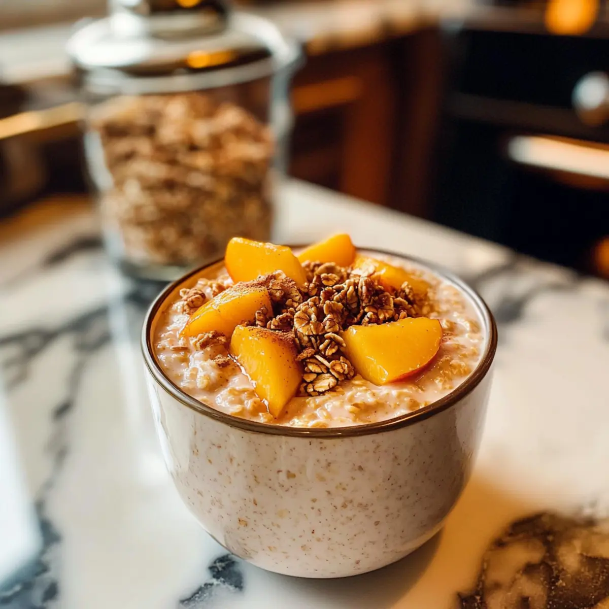 Pfirsich-Cobbler-Übernacht-Haferflocken für dein Frühstück