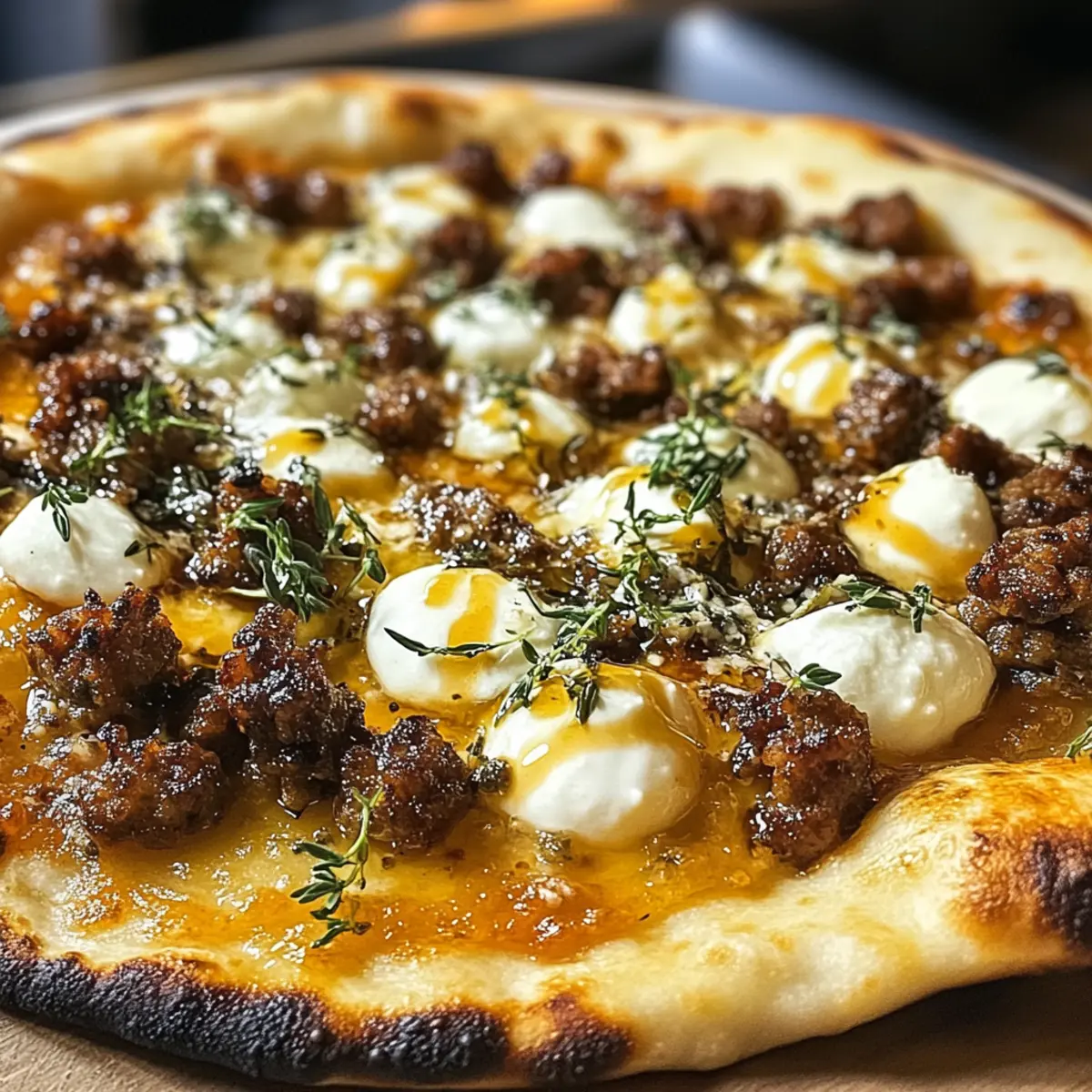 Wurst Ricotta Honig Scharfe Pizza für Genießer