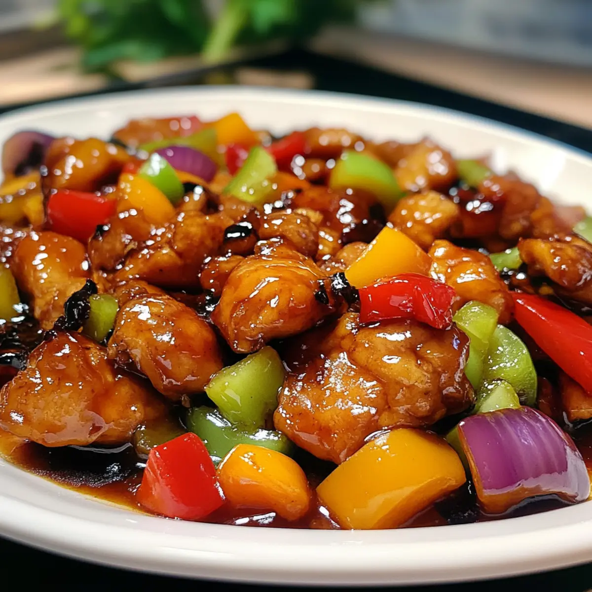 Schwarzes Essig Huhn mit Paprika und Aubergine