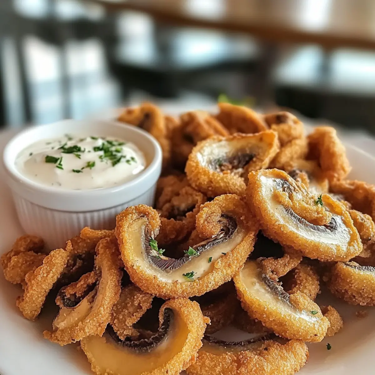 Frittierte geschnittene Champignons mit Ranch-Dip