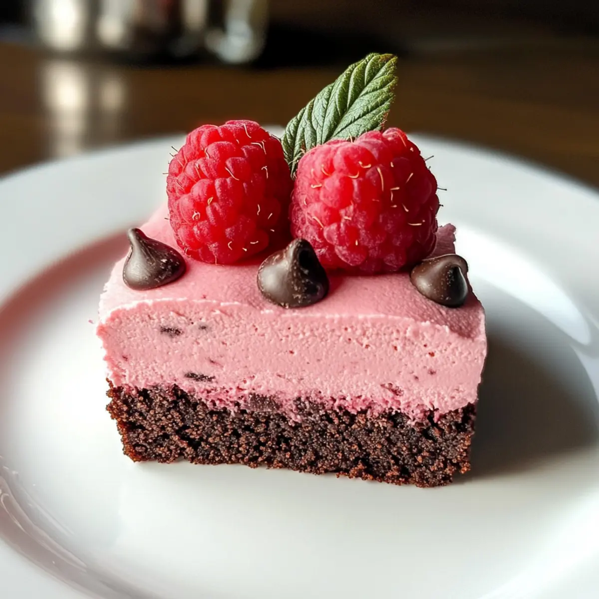 Herzförmige Himbeermousse mit einem Brownieboden