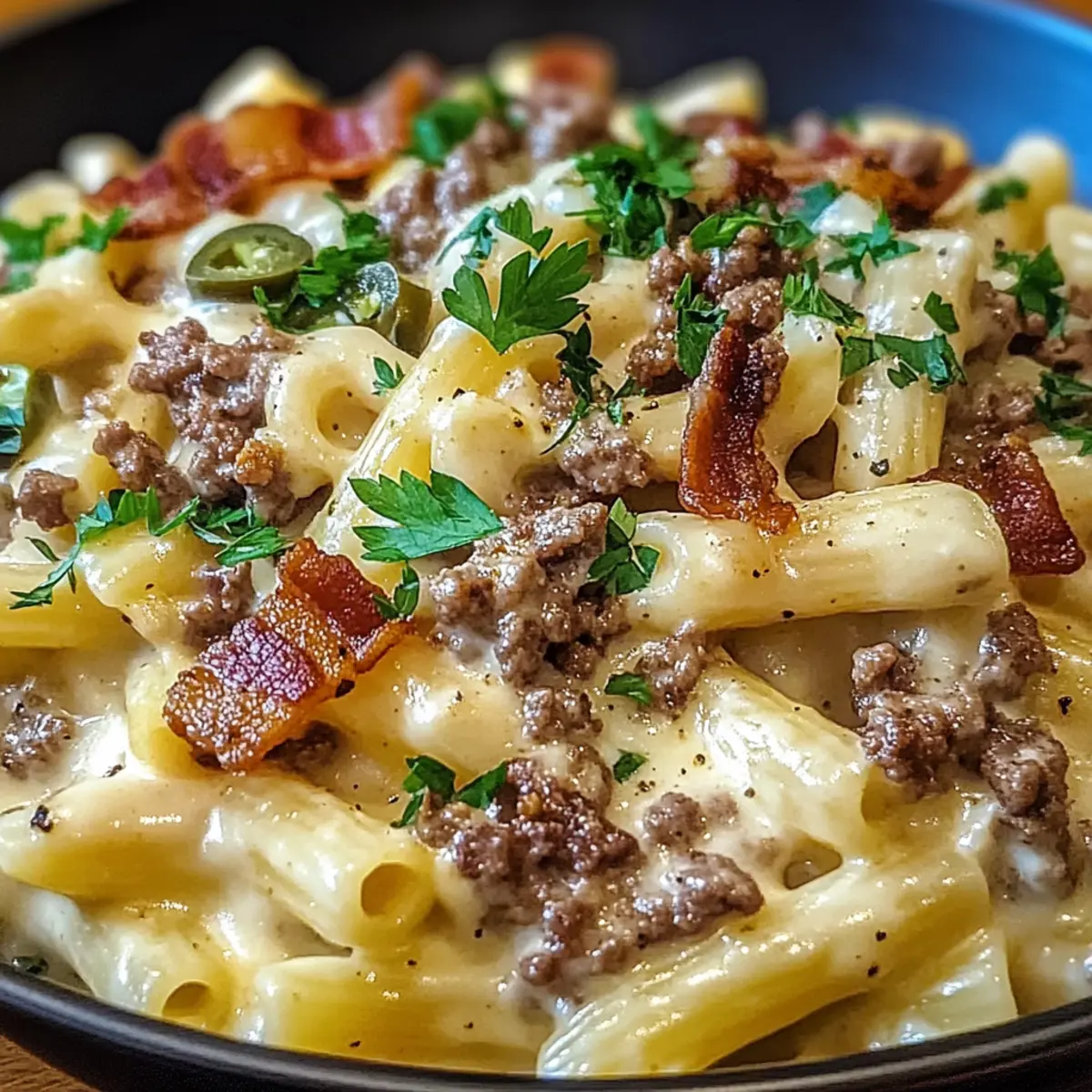 Beladene Speck-Cheeseburger-Alfredo-Pasta genießen