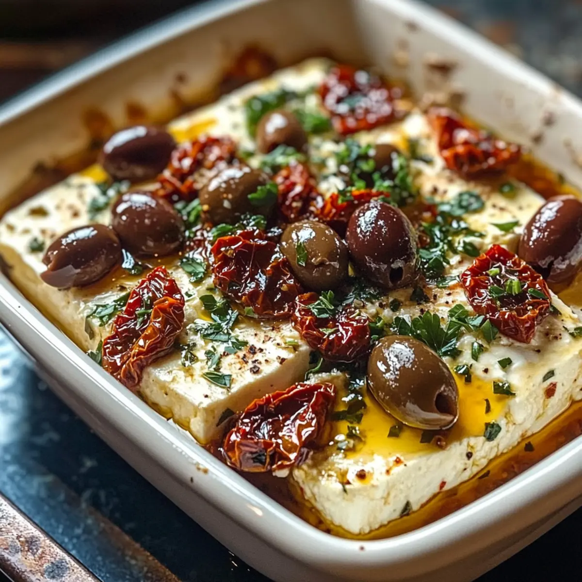 Mittelmeer gebackener Feta mit Oliven und Sonne