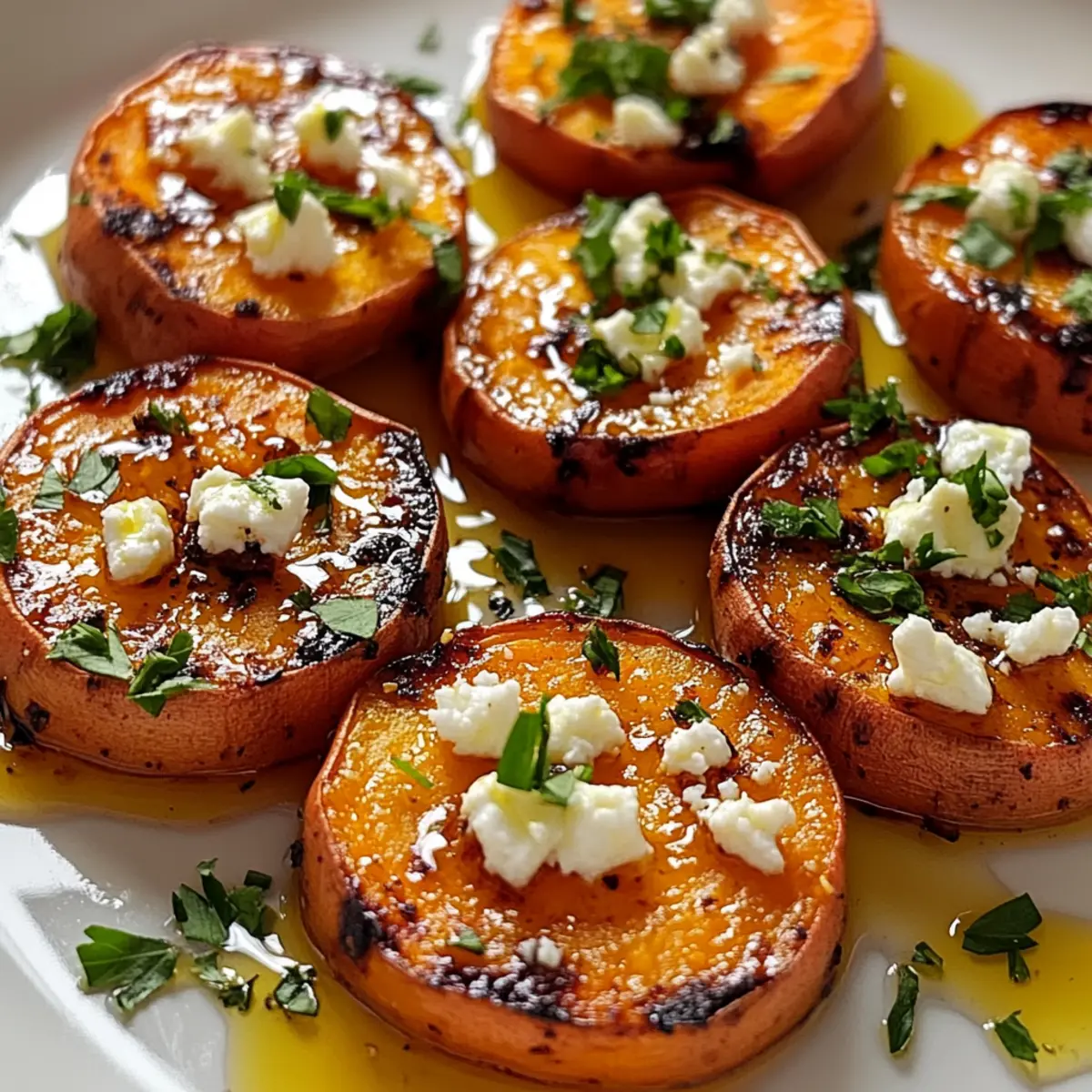 Geröstete Süßkartoffelscheiben mit Honig und Feta